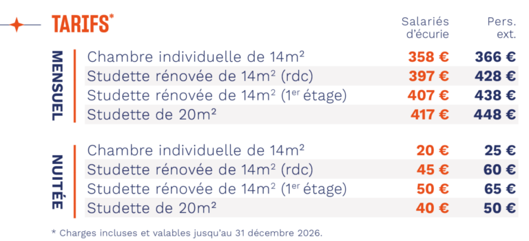 Tarifs Résidence Pau 2026